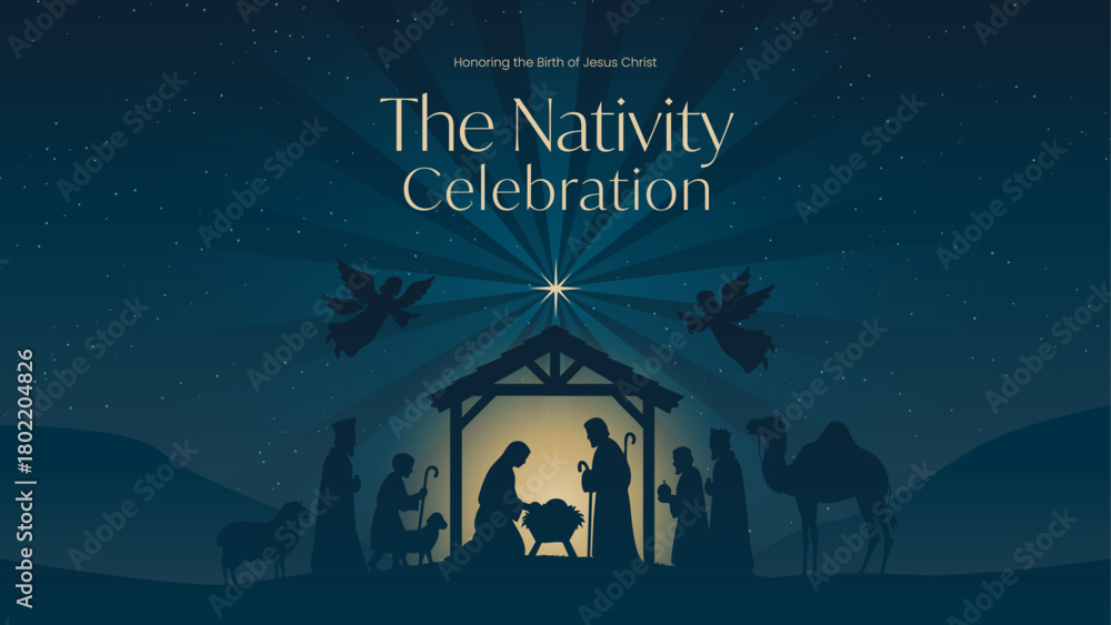 Fototapeta premium Nativity Scene Christmas Banner with Holy Family, Angels, Baby Jesus in Manger and Wise Men Silhouette at Night