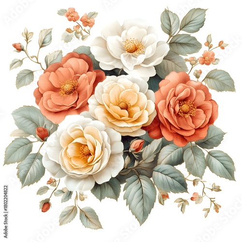 Fototapeta Naklejka Na Ścianę i Meble -  Watercolor style bouquet features rich roses and delicate foliage arranged beautifully on a white background