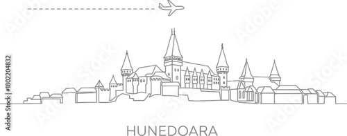 Hunedoara Castle skyline with airplane and dashed line