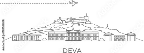 Deva Cityscape Skyline With Castle and Airplane Line Art