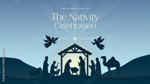 Nativity Scene Christmas Banner with Holy Family, Angels, Baby Jesus in Manger and Wise Men Silhouette at Night