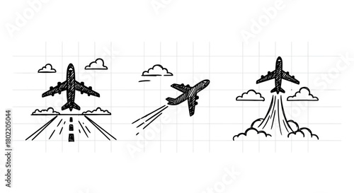 Hand drawn airplane sketches: aviation and flight concepts in doodle style