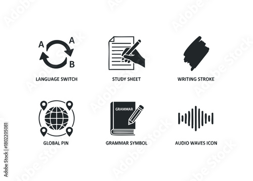 Six Graphic Icons Representing Language, Study, Writing, and Audio