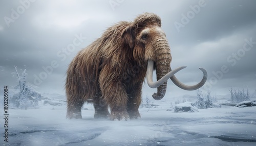 Woolly mammoth in snowy prehistoric landscape