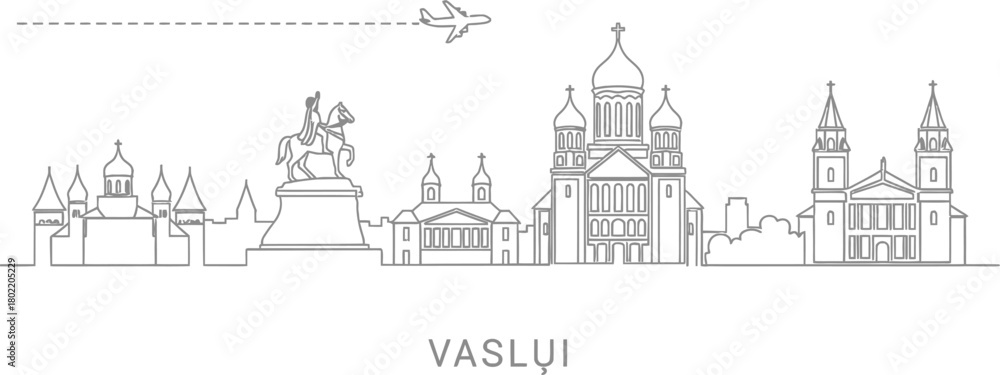 Obraz premium Vaslui City Skyline with Airplane Icon