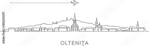Oltenita Romania Cityscape Skyline Airplane Travel Line Art