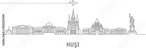 Huși City Skyline with Airplane Vector Illustration
