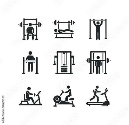 Gym Workout Icons With Weightlifting and Cardio Machines