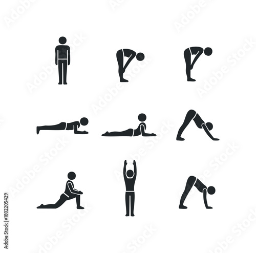 Set of stick figure poses for yoga and stretching