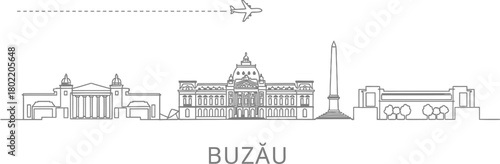 Buzau City Skyline Line Art with Airplane Travel Icon