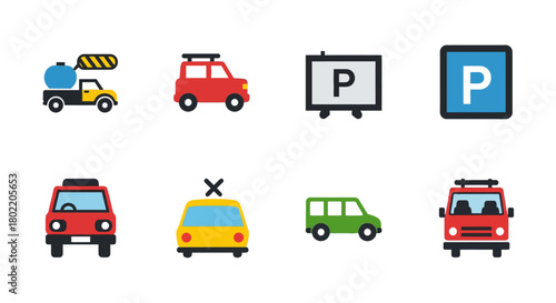 Colorful vehicle icons set featuring parking and construction symbols