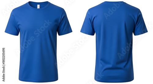 Front and back view of a plain blue tshirt, isolated on white background
