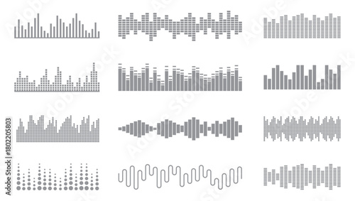 Podcast sound waves. Audio wave forms line, sound wave frequency or voice microphone signals. Music, podcast and broadcast and audio branding design.