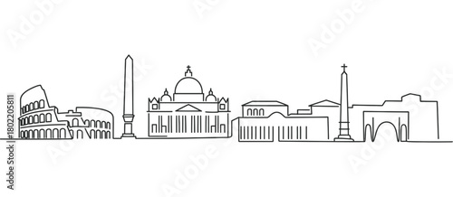 Single continuous line drawing of rome city skyline italy, famous roma landmarks and skyscrapers, vector black silhouette with white background, ideal for travel prints, poster design, architectural i