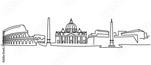 Single continuous line drawing of rome city skyline italy, famous roma landmarks and skyscrapers, vector black silhouette with white background, ideal for travel prints, poster design, architectural i
