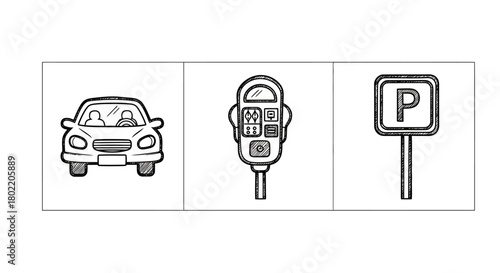 Hand drawn car, parking meter, and parking sign in black and white