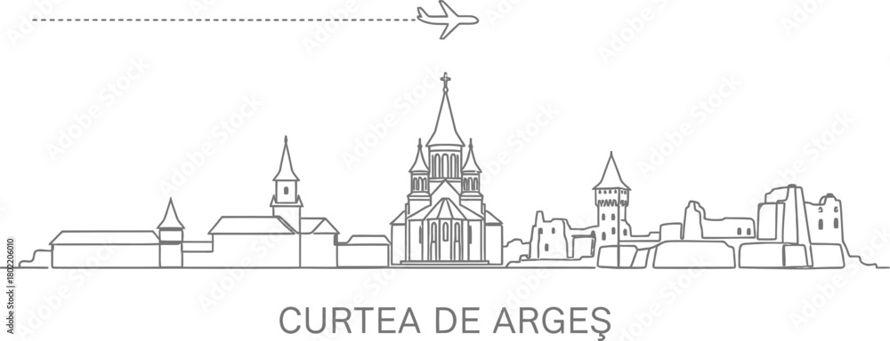 Obraz premium Curtea de Arges Skyline with Airplane