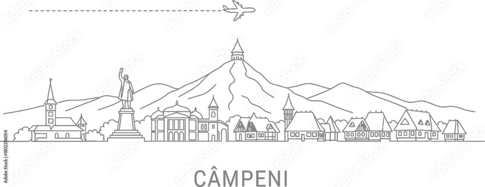 Fototapeta premium Câmpeni Cityscape Skyline with Airplane Icon