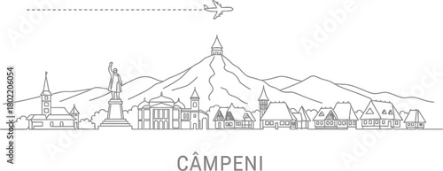 Câmpeni Cityscape Skyline with Airplane Icon