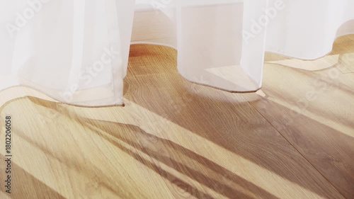 Transparent white curtain tulle moves from the wind from an open window with shadows. Sunny day, the sun's rays sunlight penetrate the room.