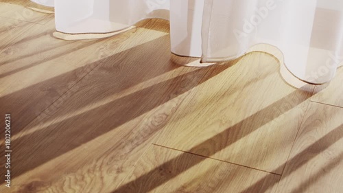 Transparent white curtain tulle moves from the wind from an open window with shadows. Sunny day, the sun's rays sunlight penetrate the room.