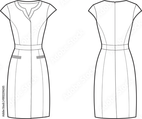 Women’s sheath dress fashion flat sketch, vector technical drawing, short sleeve dress design template, apparel CAD illustration, clothing pattern outline for fashion design