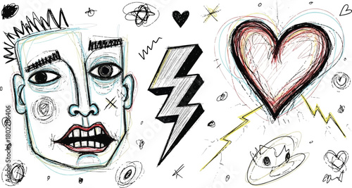 Abstract Graffiti Face and Heart Illustration with Lightning Bolt in Urban Sketch Style