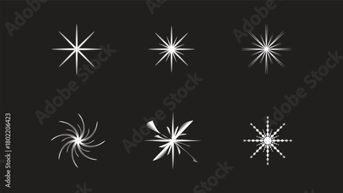 Six abstract starburst and snowflake shapes on black