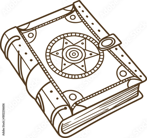 Ancient mystical book illustration, closed enchanted leather cover with magical symbols, vintage fantasy spell tome