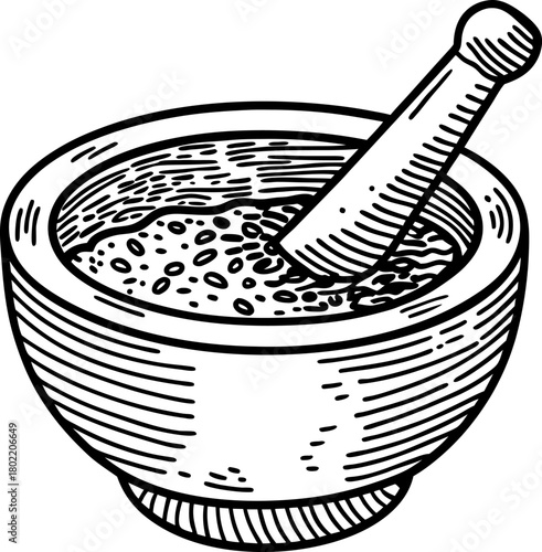 Herbal ingredients in wooden mortar and pestle hand drawn culinary tool illustration, vintage preparation concept