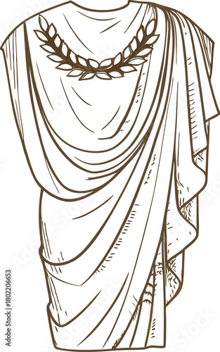 Ancient roman toga garment illustration with laurel wreath detail, classic historical costume isolated