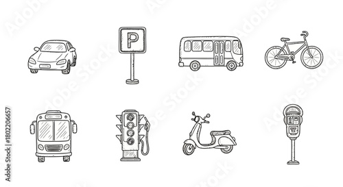 Hand drawn urban transport icons set featuring car, bus, bicycle, and scooter in sketch style