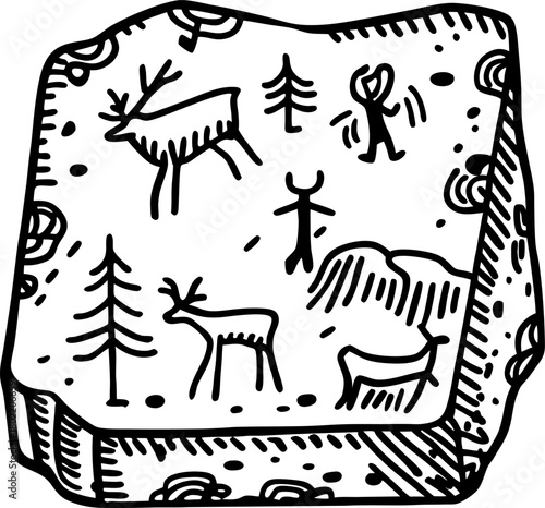 ancient cave art illustration with animal figures, people, and trees on stone surface prehistoric history concept