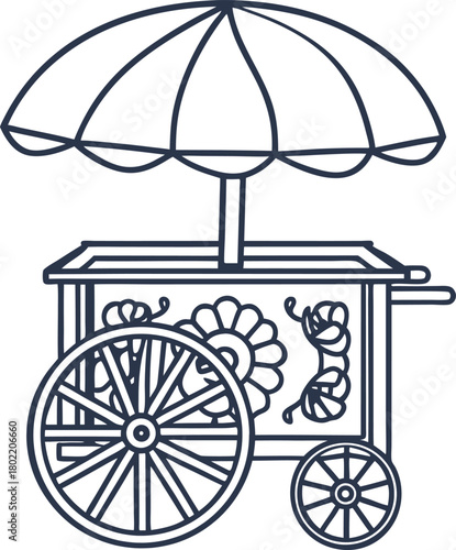 Vintage ice cream cart with decorative umbrella, outlined wheels and floral accents, nostalgic summer treat concept