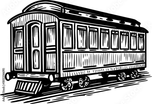 Vintage wooden railway train carriage illustration classic passenger wagon historic transportation, engraving