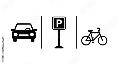 Simple transportation icons: car, parking, bicycle silhouettes