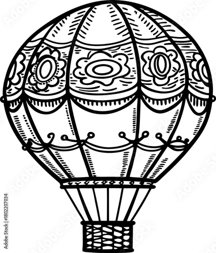 Decorative hot air balloon detailed black and white line art, ornate vintage festival travel illustration