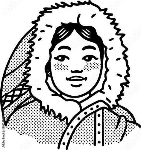 Smiling person in traditional fur lined winter parka inuit culture, cold climate clothing, hand drawn illustration