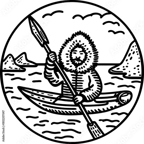 Inuit hunter paddling kayak with traditional spear, arctic landscape, mountains, ocean, indigenous skills