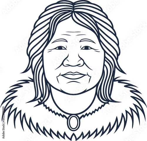 Elderly woman portrait in traditional fur collar hand drawn detailed face sketch, wisdom, heritage, cultural identity