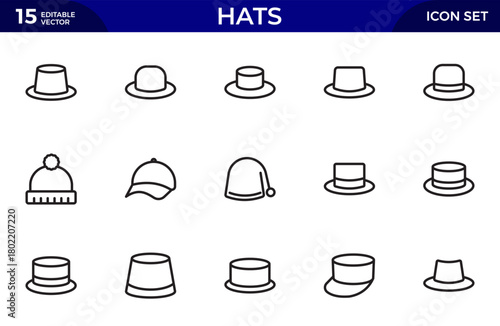 Hats line icon set. beanies, fedoras, caps, sunhats, and more. Perfect for fashion apps, branding. Thin outline icons pack. Vector illustration