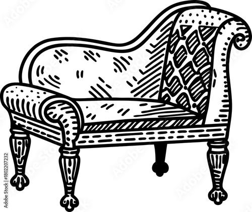 Vintage chaise lounge illustration ornate wood legs, tufted upholstery, classic victorian style, engraved drawing