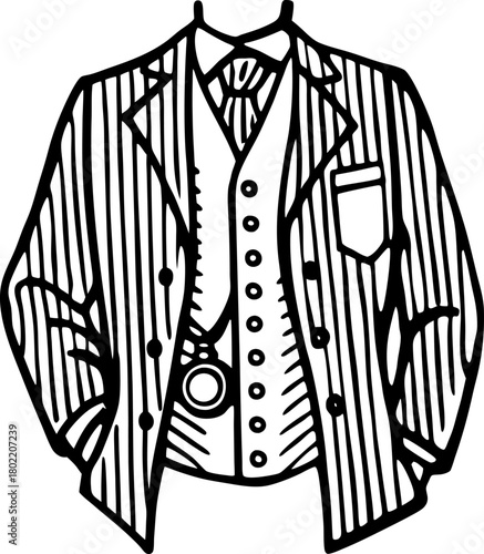 Formal vintage pinstripe suit with waistcoat, tie, and pocket watch illustration classic menswear fashion