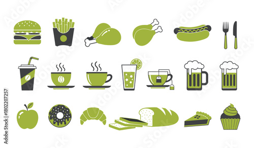 Collection of green food and drink icons isolated on, representing fast food, beverages, and baked goods