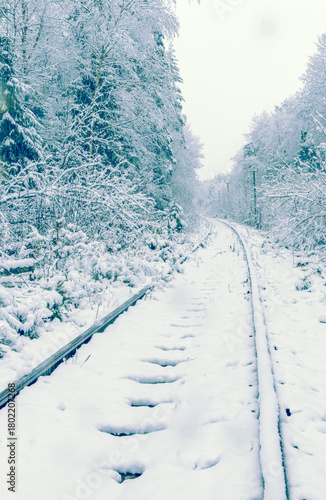 Snowy forest journey, Frostcovered railway stretching through remote forested landscape under cloudy sky