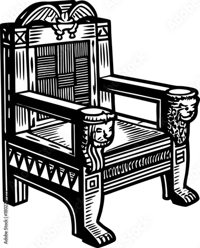 Ornate vintage throne chair with decorative lion armrests and egyptian inspired details, luxury antique furniture