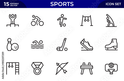 Sports line icon set. Outline icon collection related to outdoor sports. Thin outline icons pack. Vector illustration