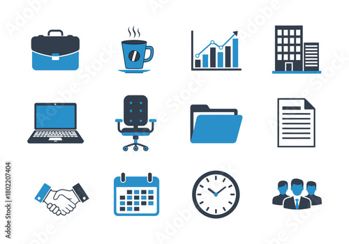 Collection of business and finance icons, including briefcase, charts, buildings, handshake, laptop, chair, folder, document, coffee, tie, calendar, clock, and people