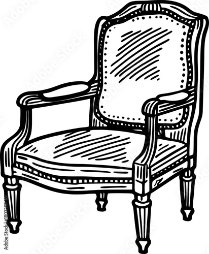 Antique wooden armchair illustration hand drawn vintage seat with cushioned backrest, detailed ornate carving, traditional furniture