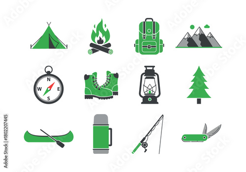 Collection of camping and outdoor adventure icons, including tent, campfire, backpack, mountains, compass, boots, lantern, tree, canoe, thermos, fishing rod, and multitool